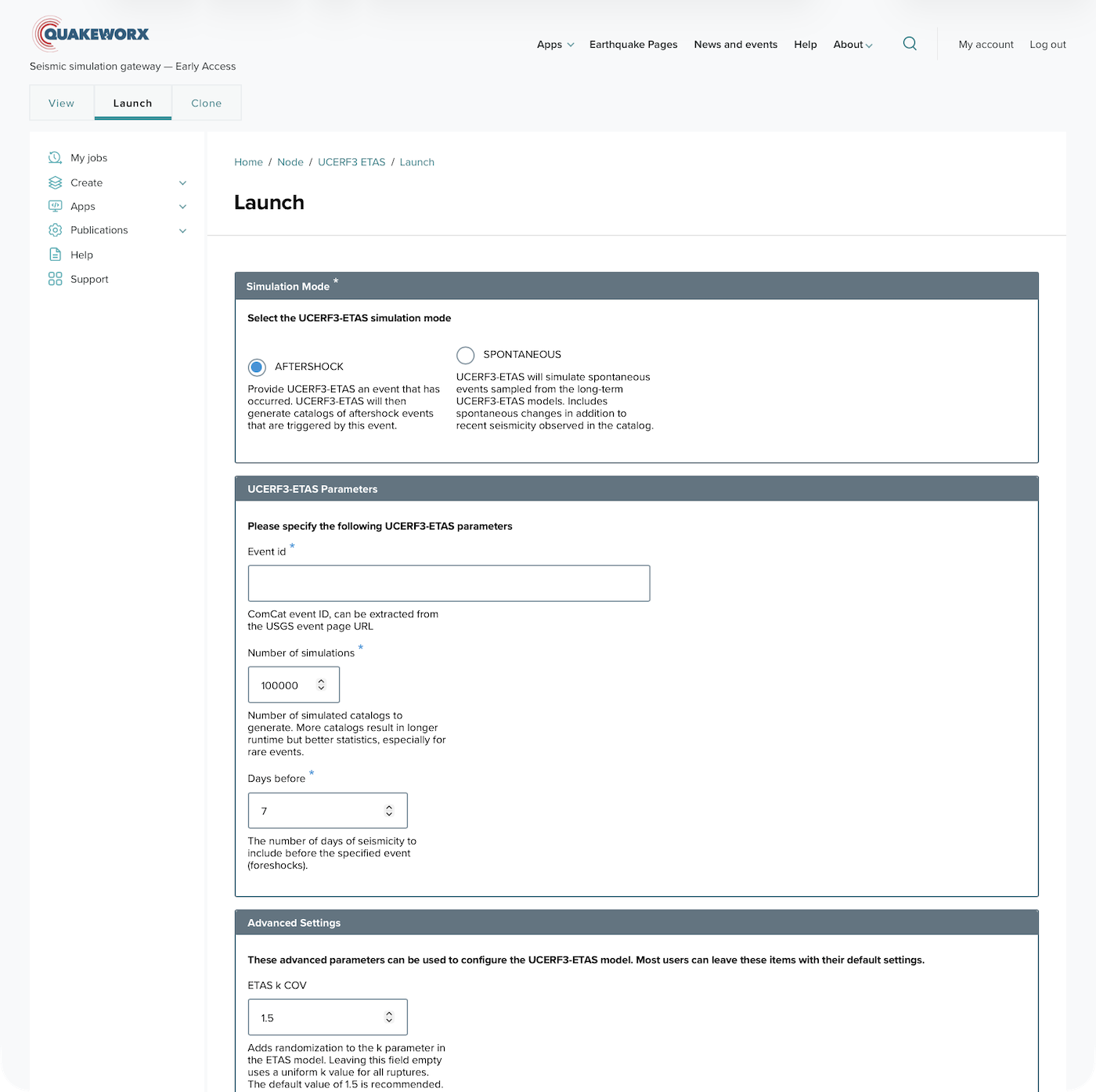 Application launch form showing job name, resource allocation, system, and queue fields