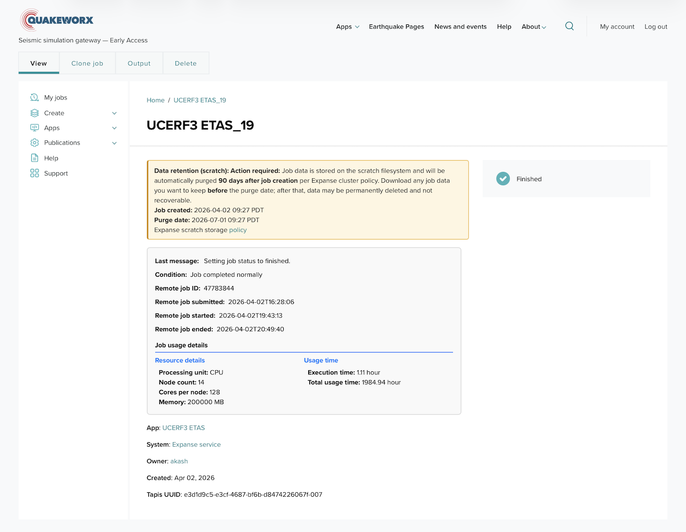 Completed UCERF3 ETAS job showing status, resource usage, and execution details