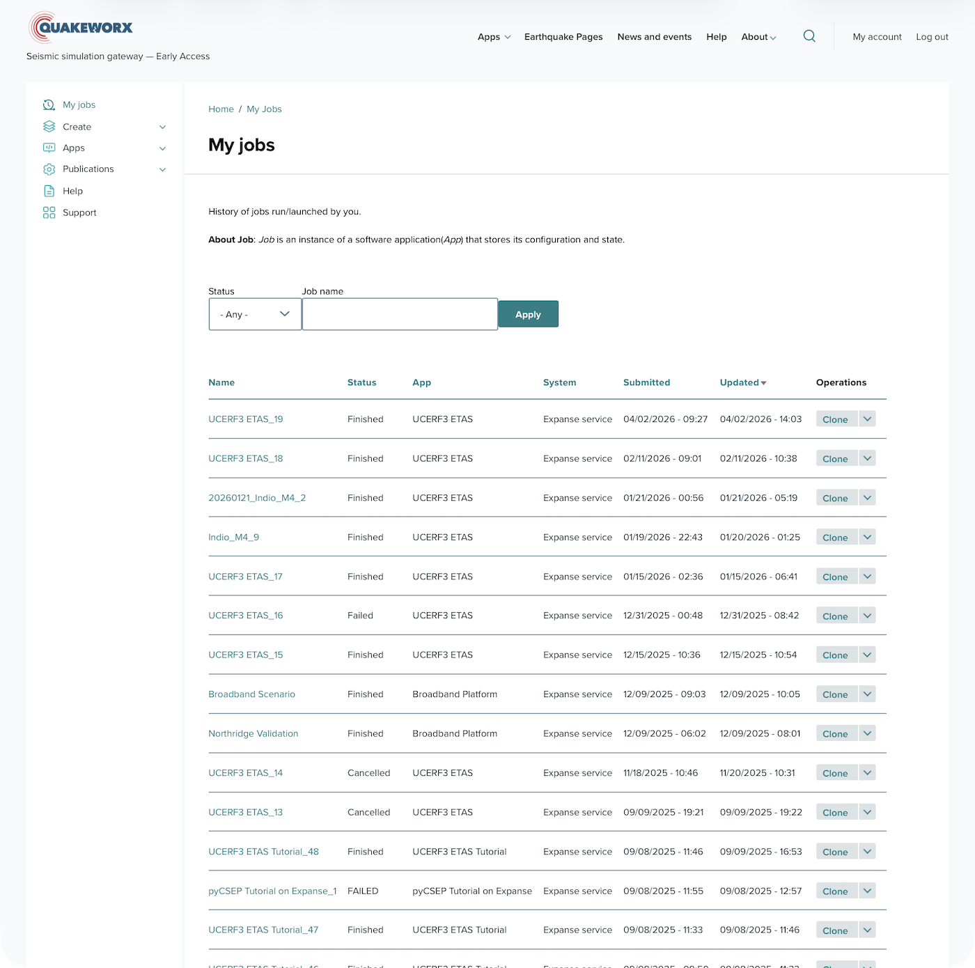 My Jobs page showing history of completed and failed jobs with clone option