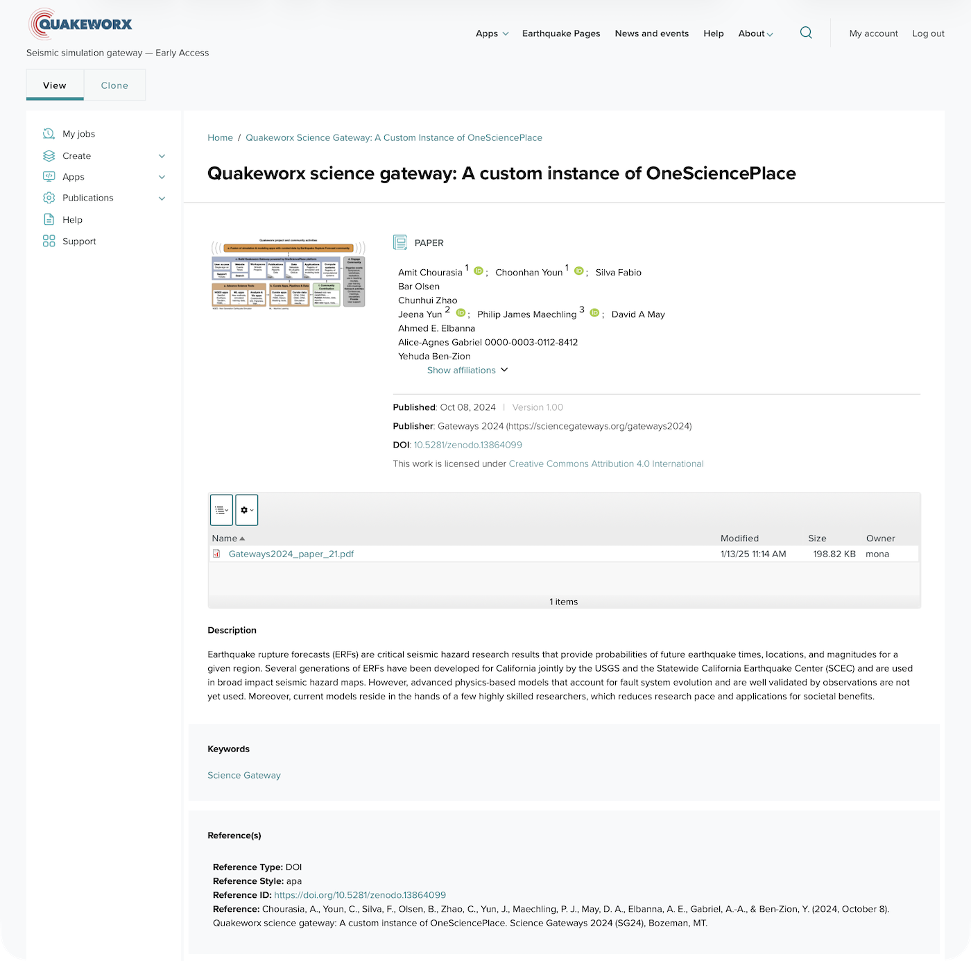 Publication page showing Quakeworx science gateway paper with DOI, authors, and downloadable PDF